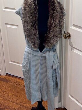 Boston Proper Faux Fur Trim Gray Cable Sweater Cardigan (Size S)